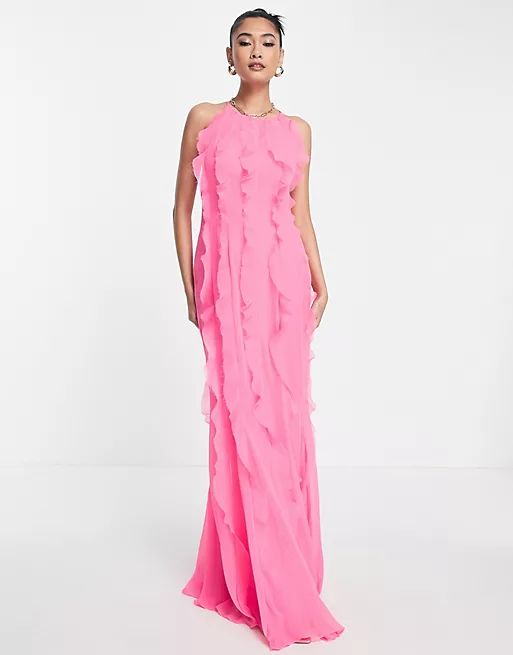 ASOS DESIGN halter maxi dress with bias ruffle detail in pink | ASOS (Global)