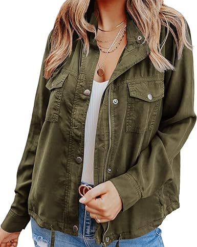 Dellytop Womens Military Jacket Casual Zip Up Snap Buttons Lightweight Utility Anorak Field Safar... | Amazon (US)