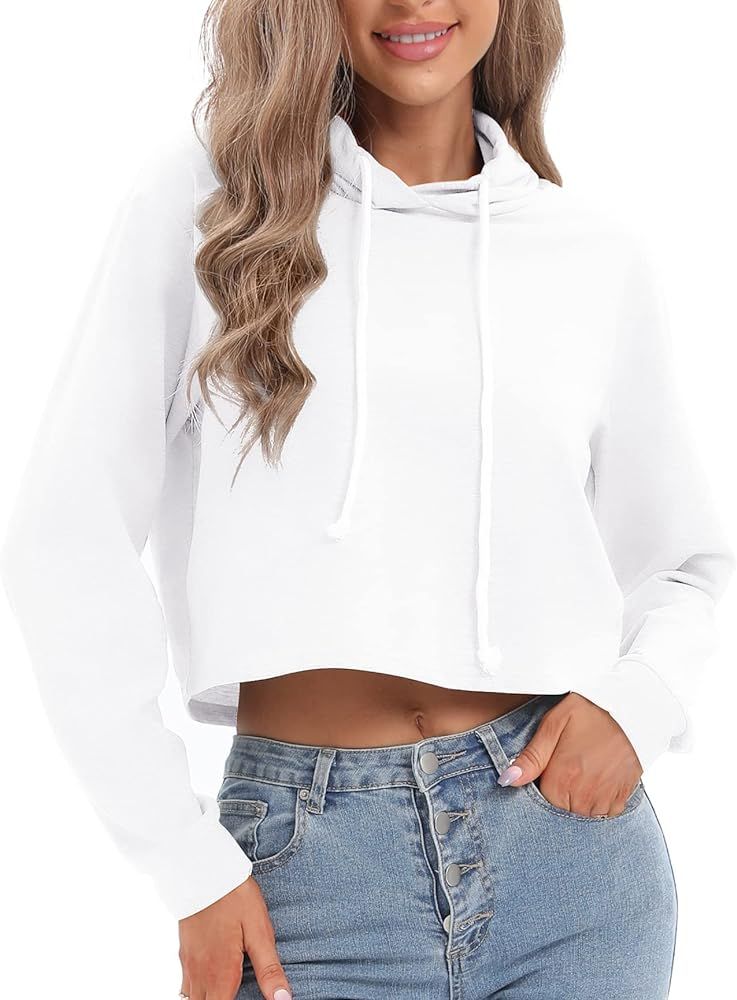 milanpavilion Women's Drawstring Cropped Hoodie Casual Plain Hoodies Workout Crop Tops Sweatshirt... | Amazon (US)