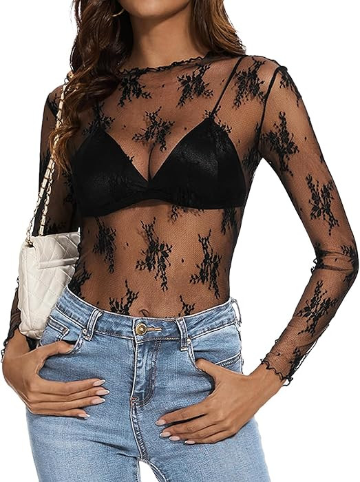 ETOSELL Womens Lace Mesh Long Sleeve Tops Floral Sheer See Through Sexy Mock Neck Shirts Party Cl... | Amazon (US)