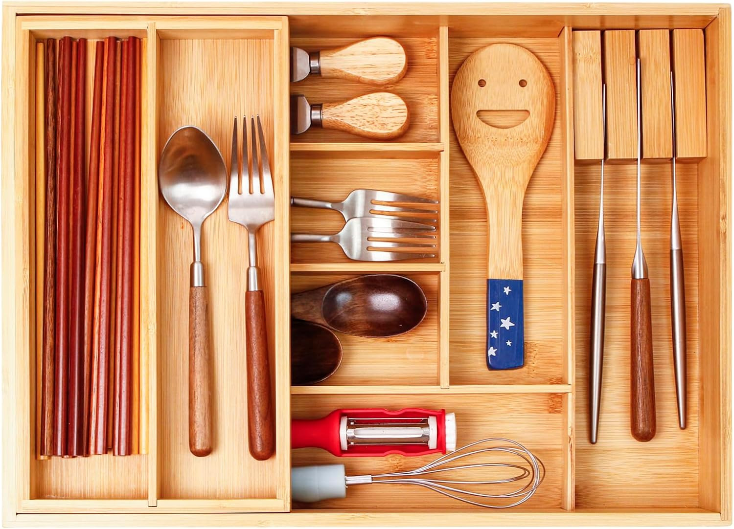 COIWAI Double layer Bamboo Kitchen Drawer Organizer, Utensil Drawer Organizer, Silverware & Cutlery Tray,With Slidable & Removable Utensil Tray,With Knife Holder, Flatware Organizer, Drawer Divider, | Amazon (US)