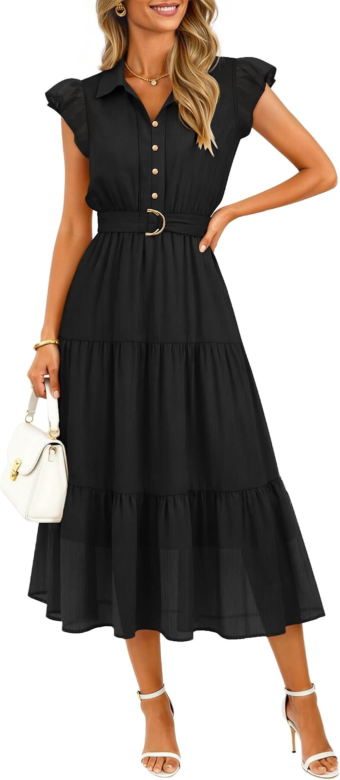 ZESICA Womens Summer Floral Midi Dress Wedding Guest Dresses | Flutter Short Sleeve Dress,Button ... | Amazon (US)