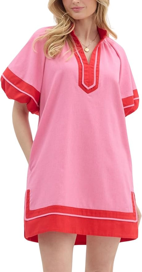 Esmeling Women’s Color Block Pullover Dress V Neck Puff Sleeve Shirt Dress Casual Mini Dress wi... | Amazon (US)