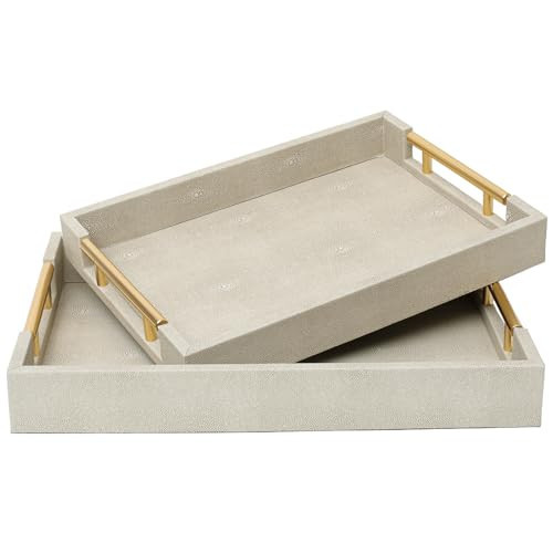 SwallowLiving Set of 2 Shagreen Serving Tray with Gold Polished Metal Handles Ivory Wood Decorative Tray PU Leather with Brushed Gold for Coffee Table Ottoman Console Table | Amazon (US)