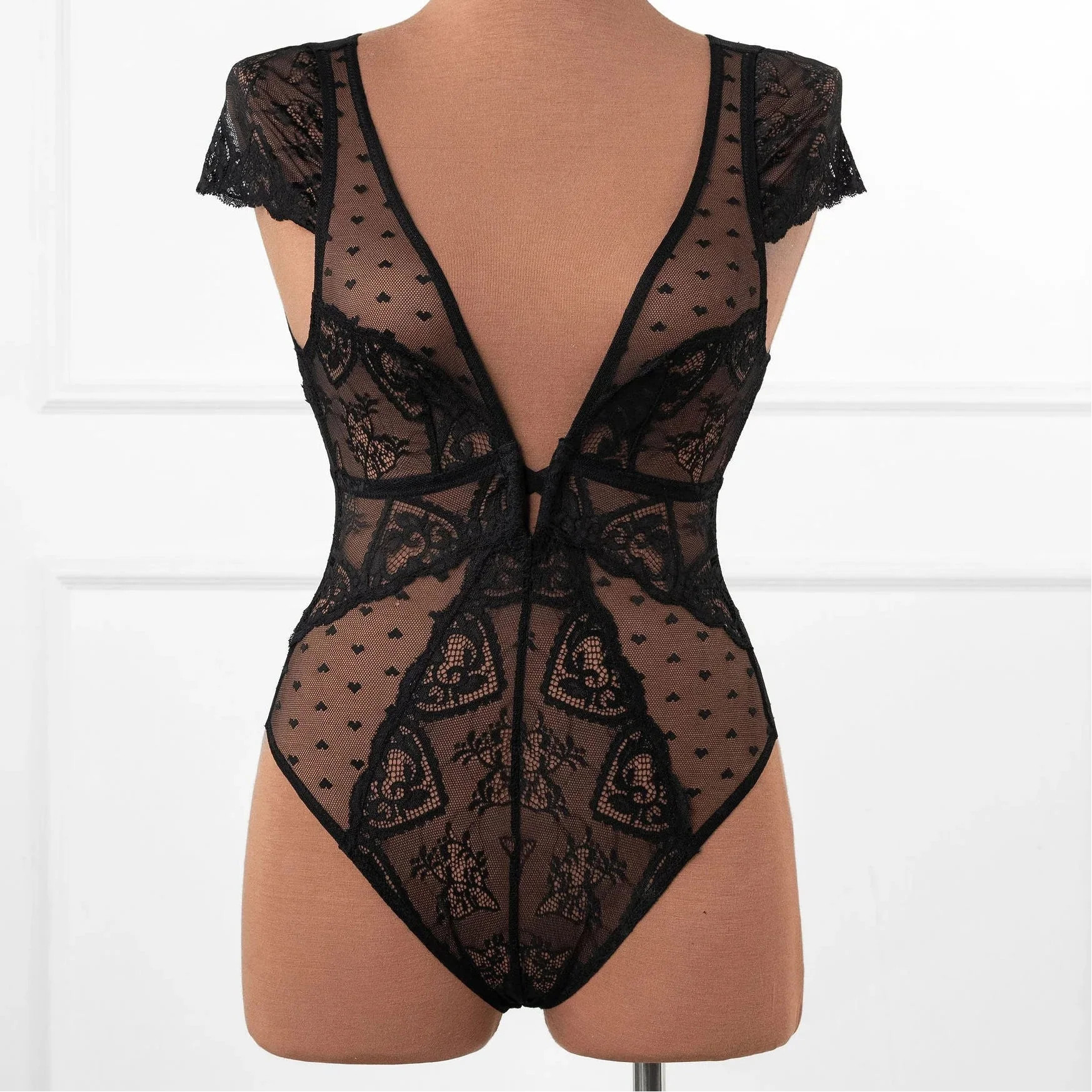 Lace & Mesh High Leg Crotchless Teddy - Black | Mentionables