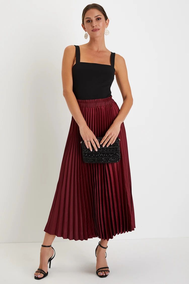 Breezy Spirit Burgundy Satin Pleated High-Rise Midi Skirt | Lulus (US)