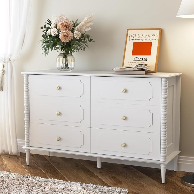 White 6 Drawer Dresser for Bedroom, 47" Wide Chest of Drawers with Turned Legs and Ceramic Knobs,... | Amazon (US)
