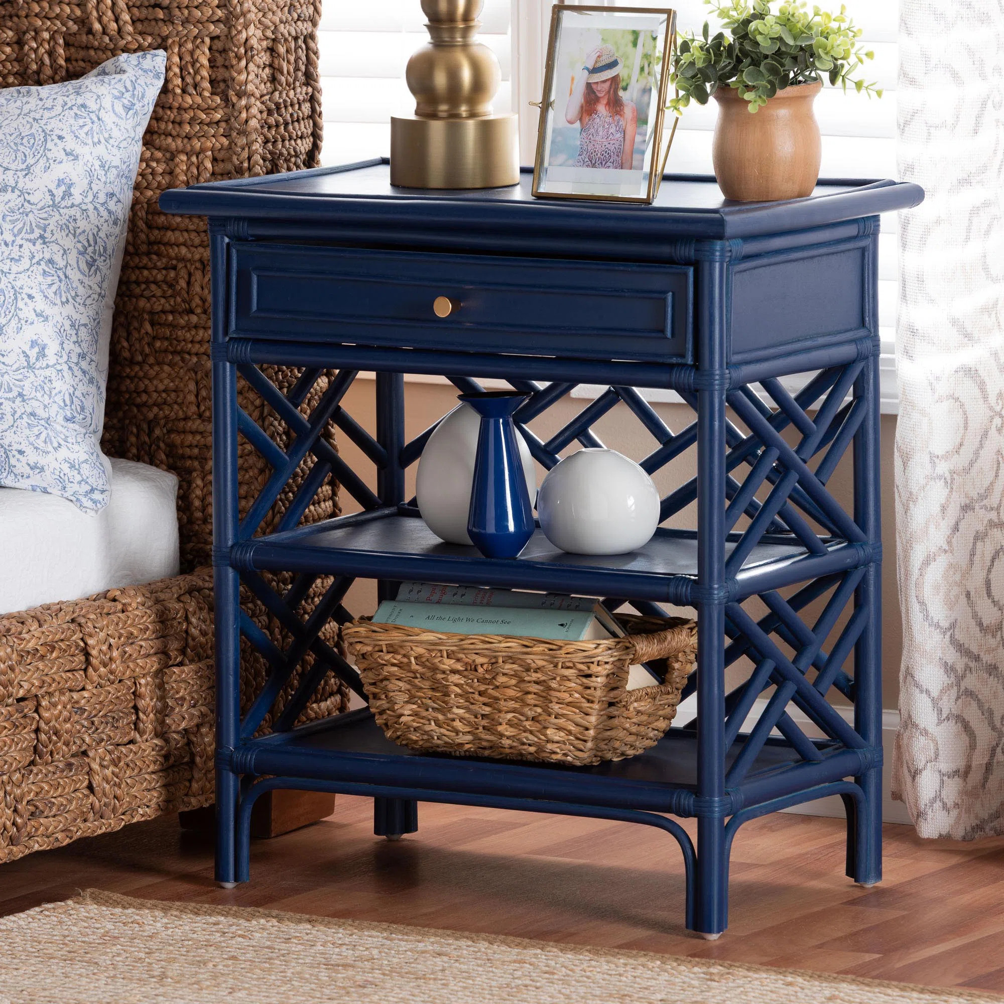 Bali & Pari Tiaret Natural Rattan Nightstand With Drawer And Shelves – Chippendale-Style Bedsid... | Wayfair North America