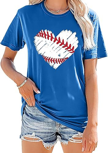 Baseball T Shirts for Women Baseball Mom Shirt Tee Funny Baseball Heart Graphic Casual Baseball L... | Amazon (US)