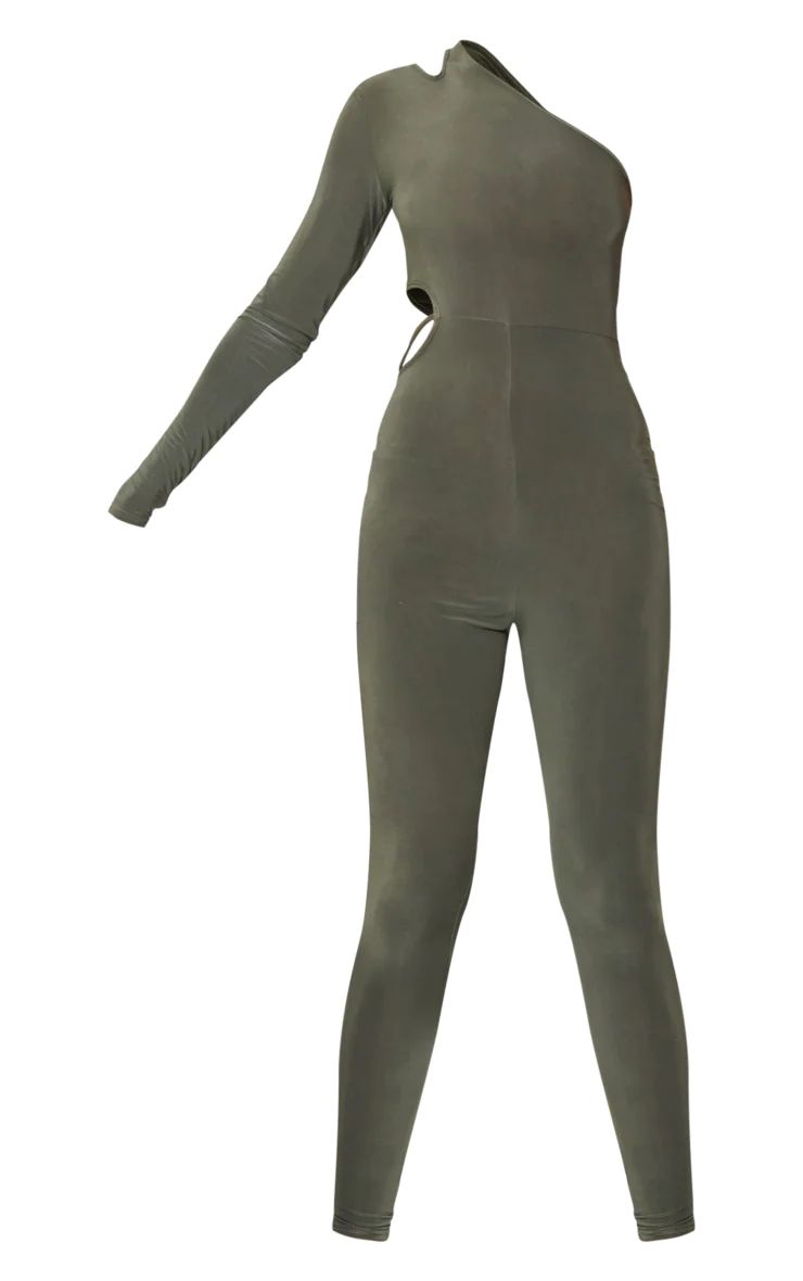 Tall Olive One Shoulder Slinky Jumpsuit | PrettyLittleThing US