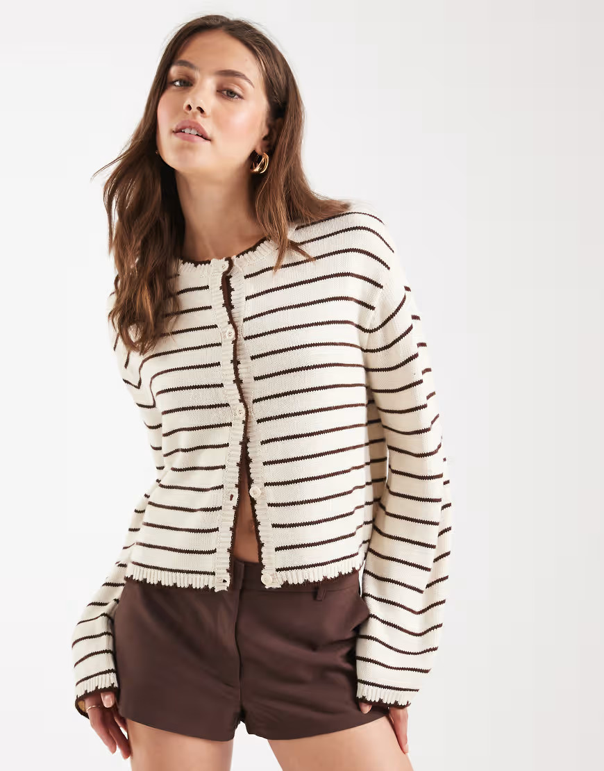 Miss Selfridge stiped blanket stitch cardigan in buttermilk-pink | ASOS (Global)