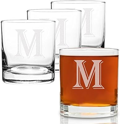 (M-Monogram)- 4 Piece Set of 11 Ounce Engraved Heavy Base Rocks Glasses Elegant Glass-Multi-Purpo... | Amazon (US)