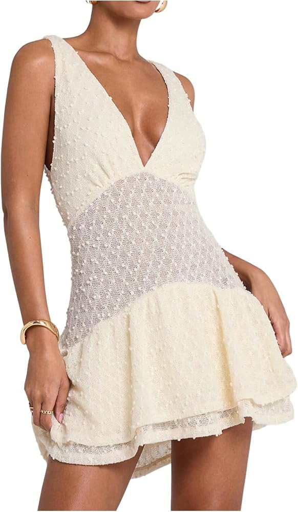 SOLY HUX Women's Summer Crochet Knit Mini Dress Deep V Neck Sleeveless Ruffle Layered A Line Vaca... | Amazon (US)