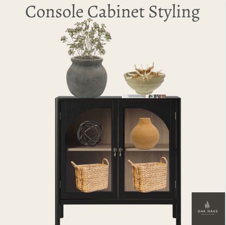 Console Cabinet Styling 

Cabinet decor, glass cabinet, cabinet styling, console decor, large vase, florals, book, coffee table book, paper mache bowl, wooden Cora decor, storage baskets, terracotta vase, black and gold decor, black cabinet, arch cabinet 