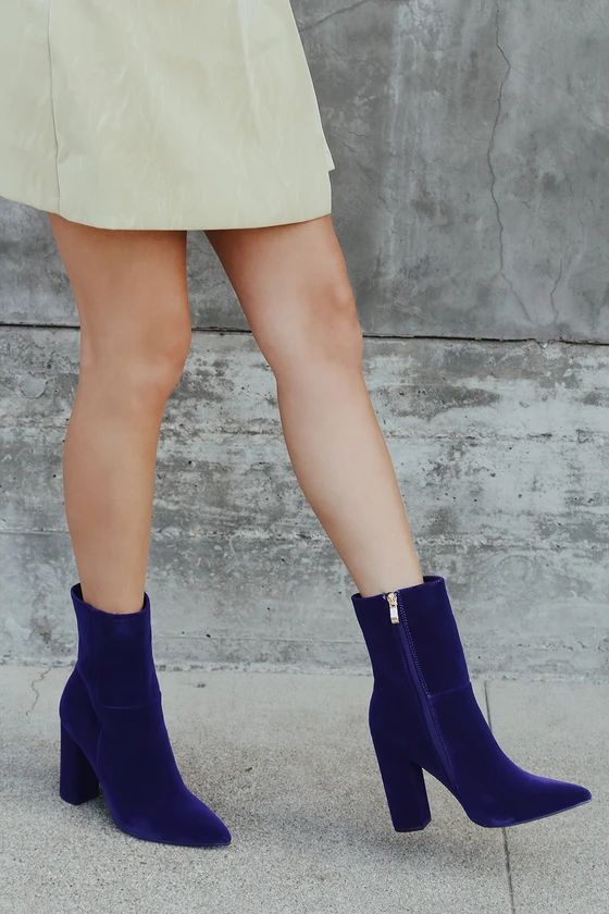Dawson Blue Velvet Pointed-Toe Mid Calf Boots | Lulus (US)