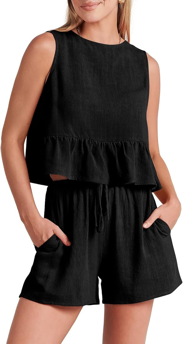 ANRABESS Women’s Summer 2 Piece Outfits Shorts Sets Sleeveless Ruffle Crop Top Tank and Drawstr... | Amazon (US)