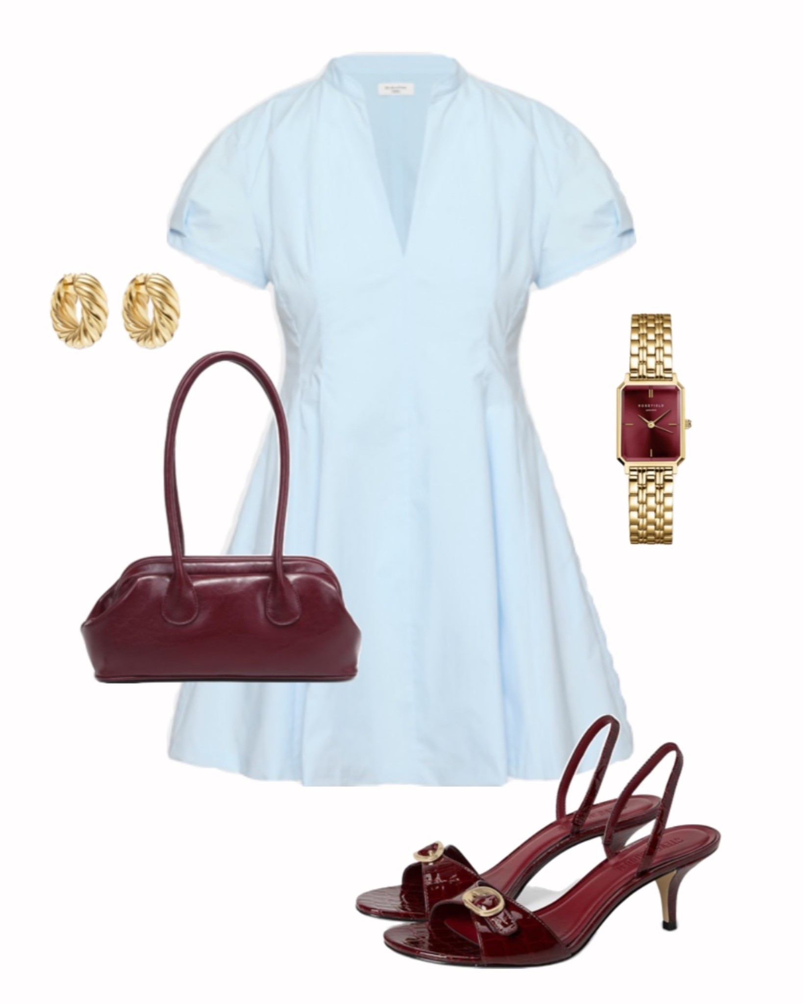 powder blue short sleeve dress, burgundy accessories 

baby blue mini dress, light blue summer dress, feminine fit and flare dress, wedding guest dress, spring brunch outfit, date night dress, burgundy heels, red slingback sandals, statement gold earrings, gold watch women, burgundy handbag outfit, classy feminine style, European summer outfit, vacation dress idea, polished summer look, elevated casual outfit