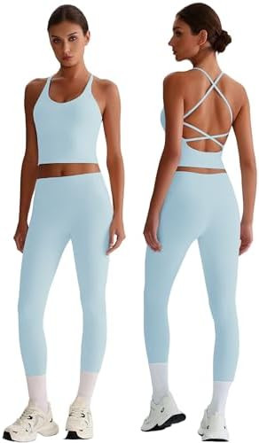 ABOCIW Workout Sets for Women 2 Piece Backless Strappy Padded Tank Tops High Waist Leggings Gym Y... | Amazon (US)
