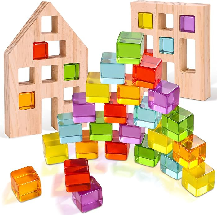 Wooden Building Blocks Set for Kids, 24 PCS Rainbow Gem Cubes Stacking Blocks - 2 Wood House, Mon... | Amazon (US)