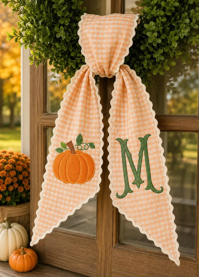 Embroidered Pumpkin Monogram Wreath Sash, Fall Wreath Sash, Pumpkin Wreath Sash, Last name wreath... | Etsy (Global)