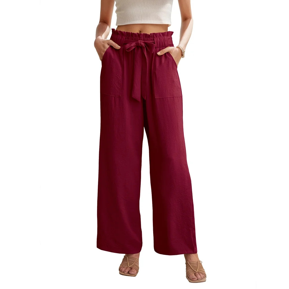 JWD Women's Wide Leg Pants with Pockets High Waist Adjustable Knot Loose Casual Trousers Business... | Walmart (US)