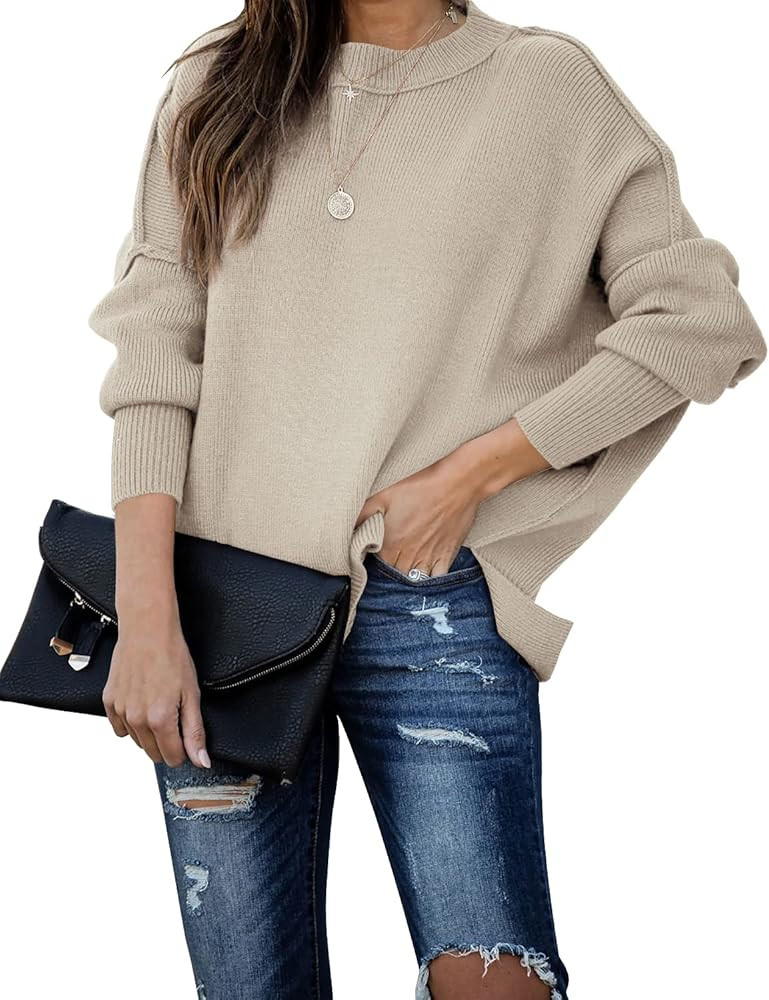 SERAIH Womens Batwing Sleeve Pullover Loose Side Split Oversized Solid Sweaters Drop Shoulder Slouch | Amazon (US)