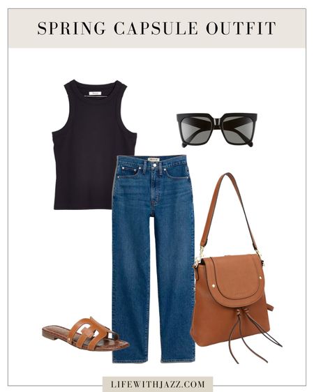 Casual spring capsule outfit 

- spring capsule, spring outfit, summer outfit, black tank, blue jeans, sunglasses, sandals, backpack, purse 

#LTKstyletip #LTKSeasonal