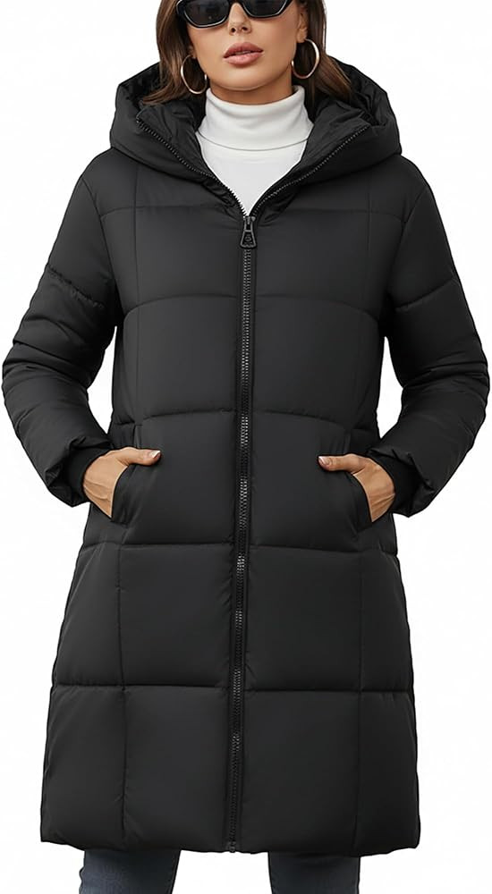 Women's Hooded Long Puffer Coat Winter Warm Full Zip Lightweight Quilted Jacket with Pockets | Amazon (US)