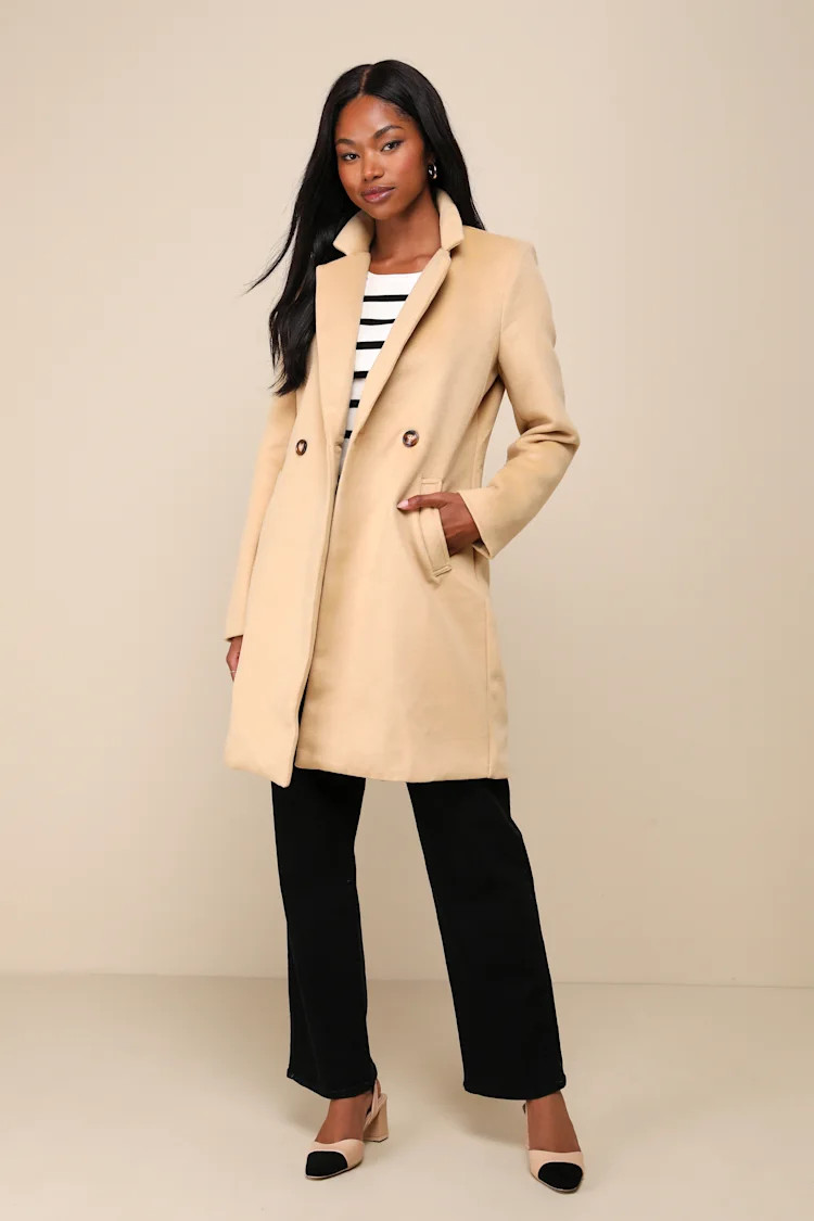 Harriet Long Double-Breasted Tan Coat | Lulus