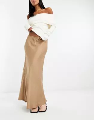 Mango maxi satin skirt with tie waist in light brown | ASOS (Global)