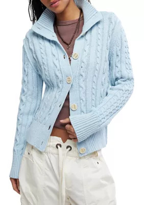 Free People Women's Cable Knit Collared Cardigan, Blue, Small | Belk