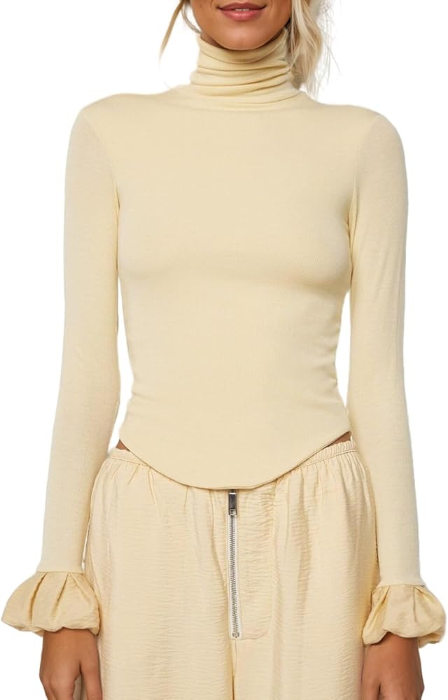 Women Y2k Turtleneck Rib Knit Top Long Sleeve Slim Fit Ruffled Cuffs Blouse Shirt Fall Aesthetic ... | Amazon (US)