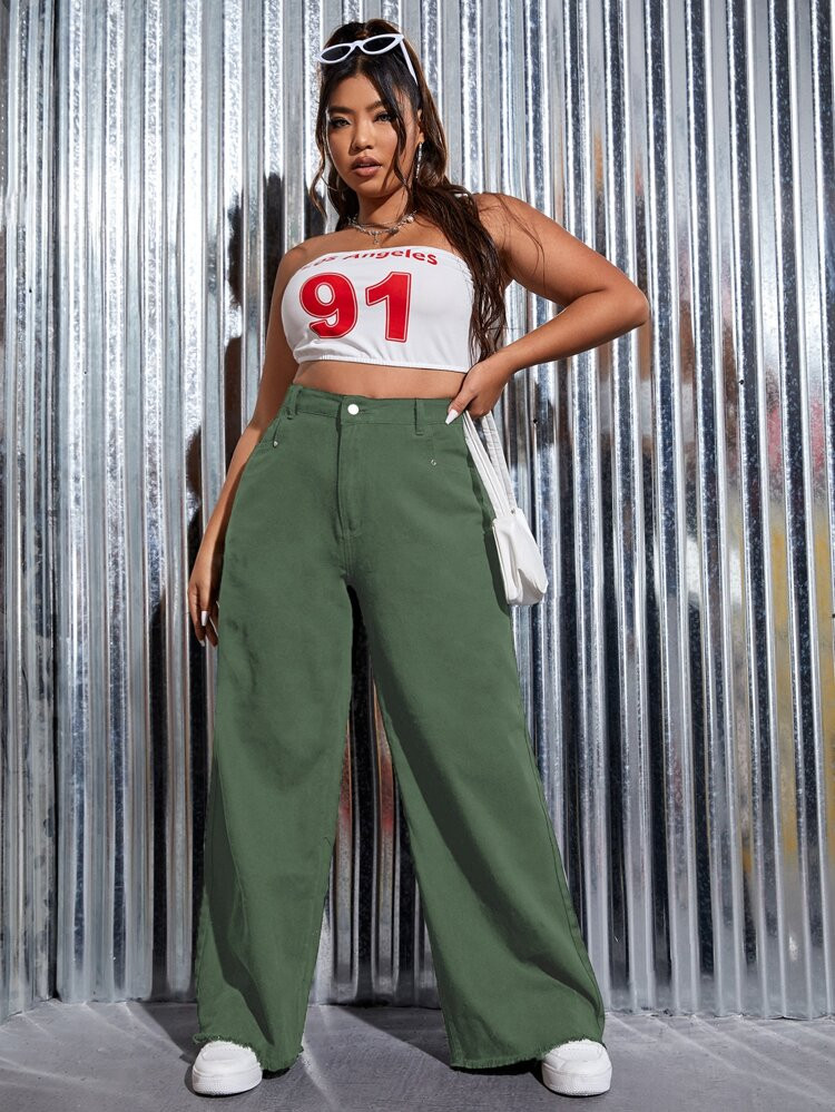 taglie forti Jeans vita alta con taglio grezzo gamba ampia | SHEIN