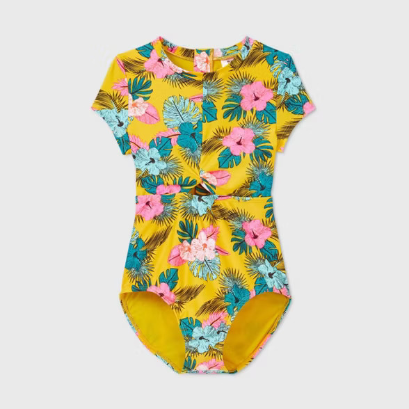 Girls' Short Sleeve Floral One Piece Swimsuit - art class™ Gold | Target