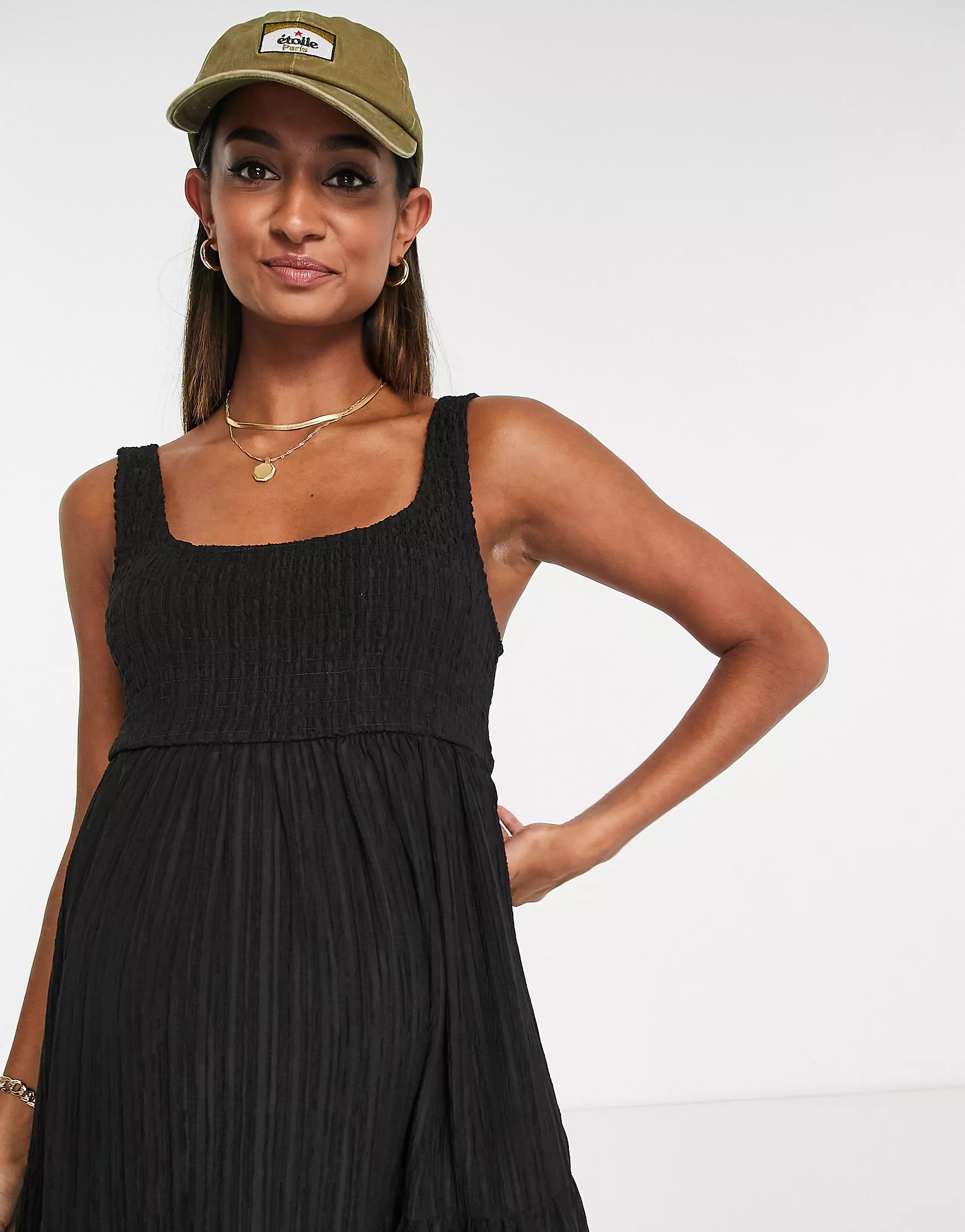 ASOS DESIGN Maternity shirred maxi sundress with tiers in black | ASOS (Global)