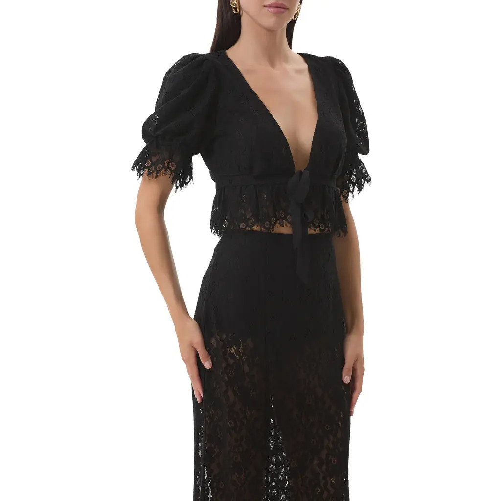 AFRM Wayla Lace Plunge Neck Puff Sleeve Babydoll Top in Noir at Nordstrom Rack, Size Small | Nordstrom Rack