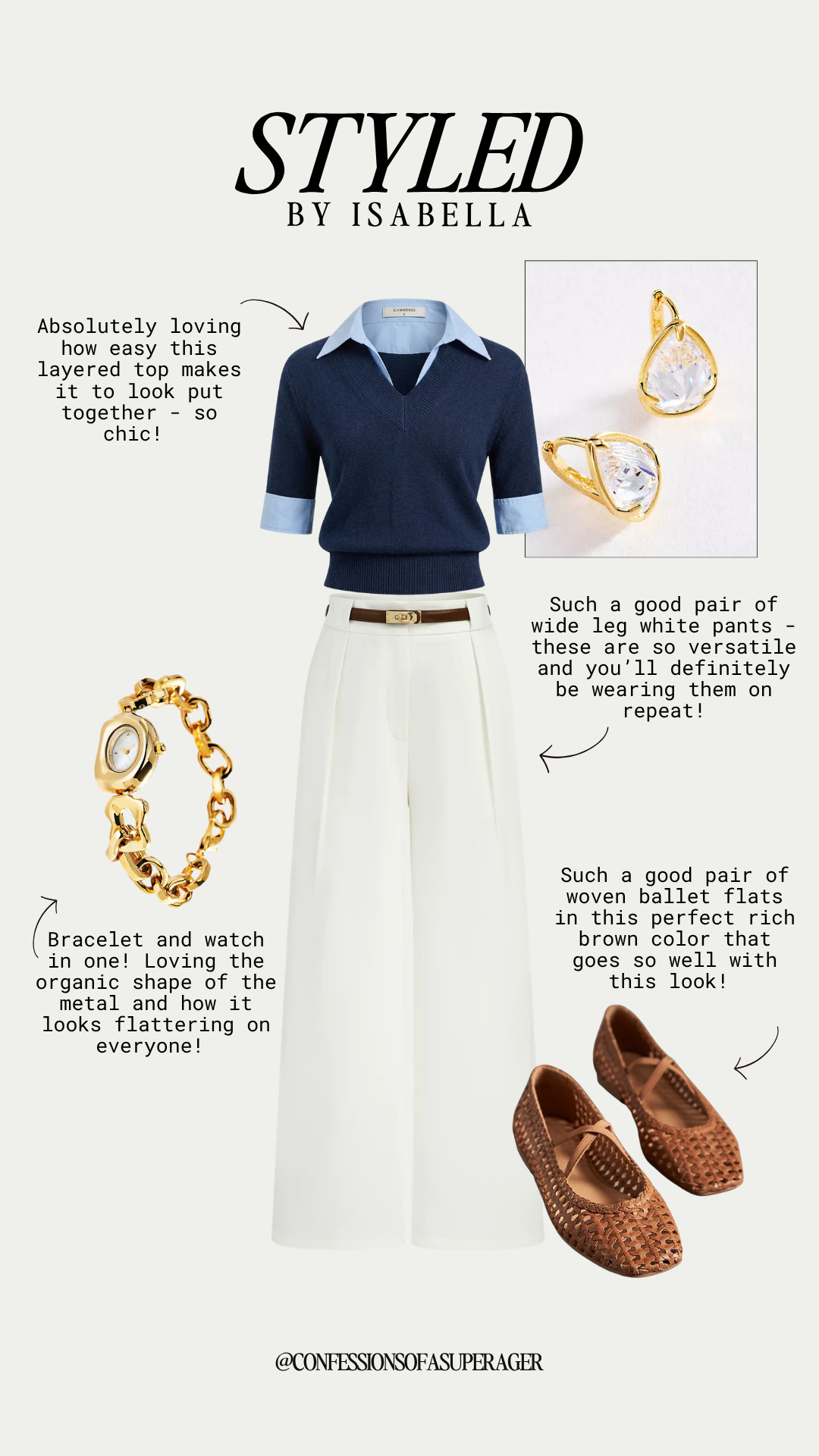 Classic chic done right 🤍 This layered sweater top and wide leg white pants combo is the ultimate elevated everyday outfit — polished, effortless, and perfect for workwear, brunch, travel, or capsule wardrobe styling. Paired with woven ballet flats and gold statement accessories for that timeless quiet luxury look you’ll wear on repeat ✨ Shop all the pieces linked on my LTK @confessionsofasuperager #LTKStyle #QuietLuxuryStyle #CapsuleWardrobe #OldMoneyStyle #ClassicStyle #ChicOutfits #WideLegPants #BalletFlats #WorkwearStyle #NeutralOutfits #TimelessFashion #EffortlessStyle #MinimalStyle #FashionOver40 #FashionInspo #EverydayStyle #PreppyStyle #LuxuryInspiredStyle

#LTKootd #LTKSeasonal #LTKOver40