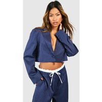 Womens Pinstripe Double Breasted Boxy Crop Blazer - Navy - 10 | boohoo (US & Canada)