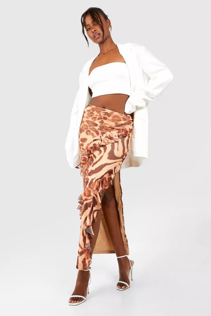 Leopard Printed Mesh Ruffle Maxi Skirt | Boohoo.com (UK & IE)