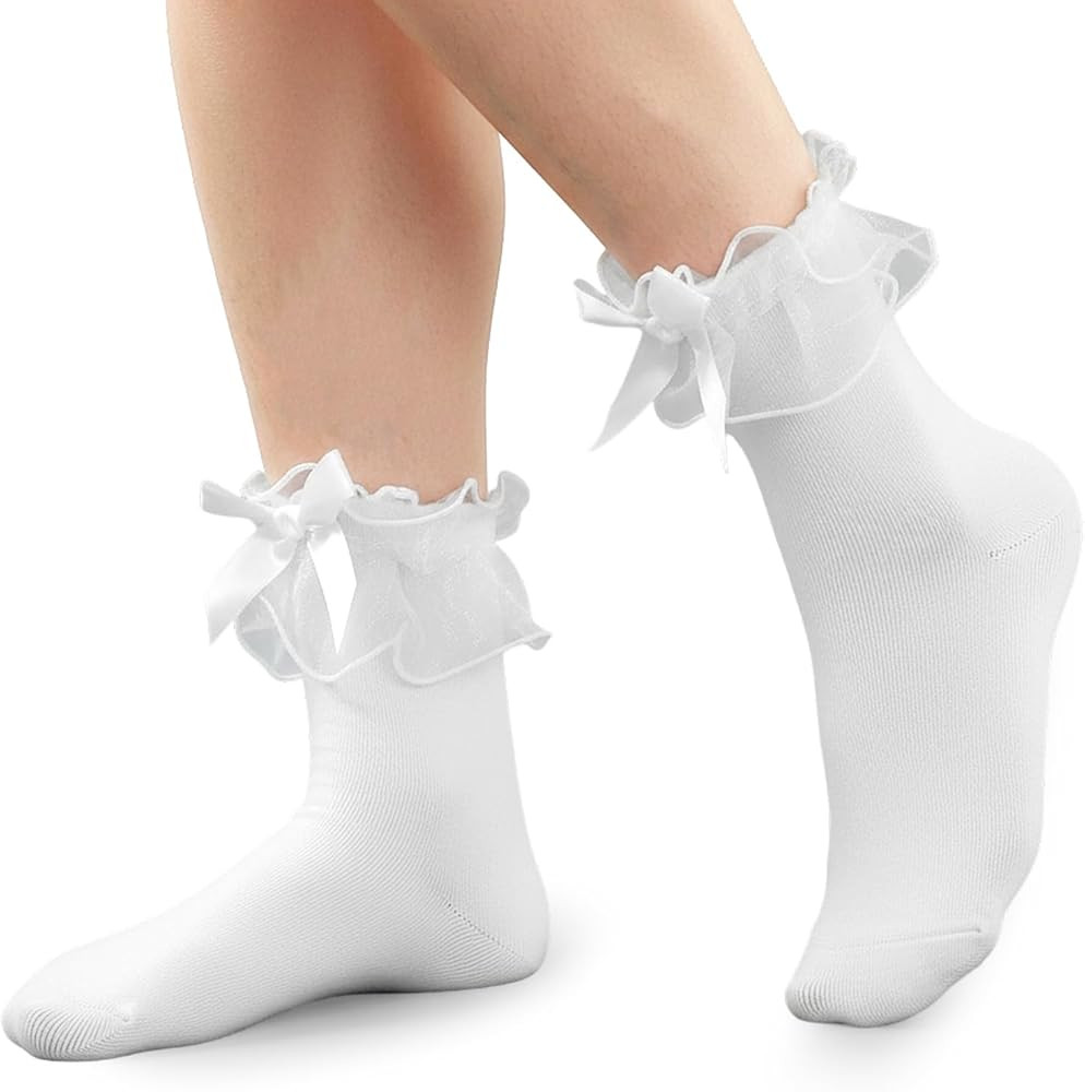 Lace Ruffle Frilly Socks for Women Girls, Cotton Frilly Ankle Ruffle Socks with Bow Trim, Cute Wh... | Amazon (US)