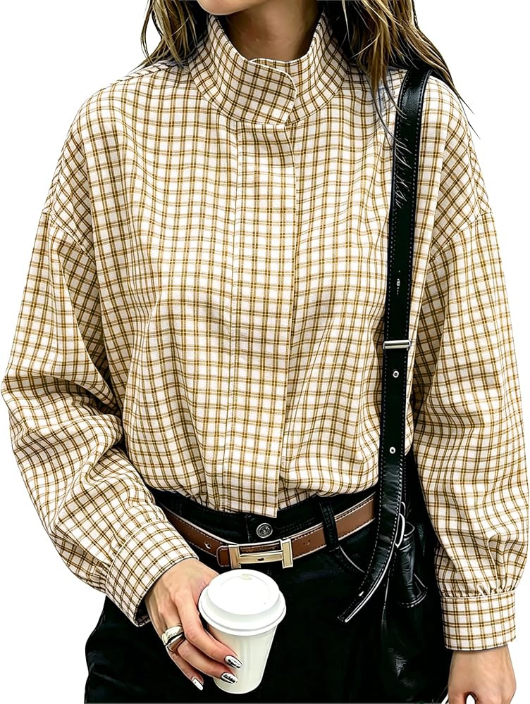 Women Oversized Cropped Gingham Jacket Zip Up Stand Collar with Batwing Sleeves Casual Coat Sprin... | Amazon (US)