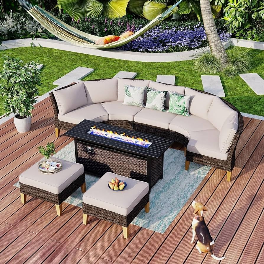 MFSTUDIO 8 Pieces Wicker Patio Furniture Set with 56" Fire Pit Table, All-Weather Rattan Half-Moo... | Amazon (US)