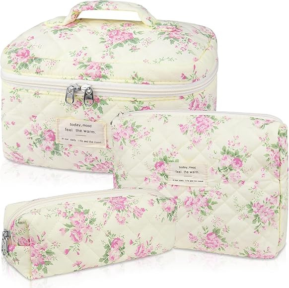 Makeup Bag Set, Quilted Makeup Bag, Large Floral Cosmetic Bag for Women, Cute Cotton Makeup Bags,... | Amazon (US)
