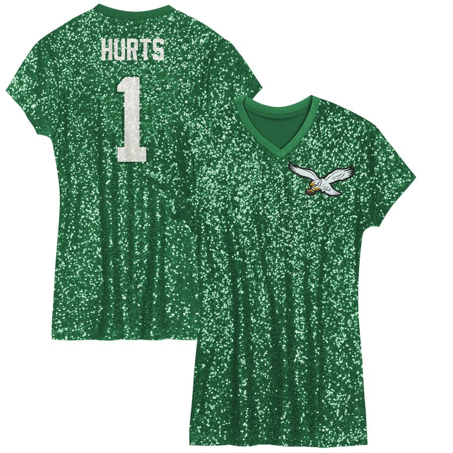 Girls Youth Philadelphia Eagles Jalen Hurts Kelly Green Sequin Player Name & Number V-Neck Dress | NFL Shop