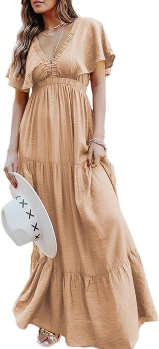 Amegoya Women's Casual Short Sleeve V Neck Floral Maxi Dresses Boho Beach Photoshoot Flowy Ruffle... | Amazon (US)