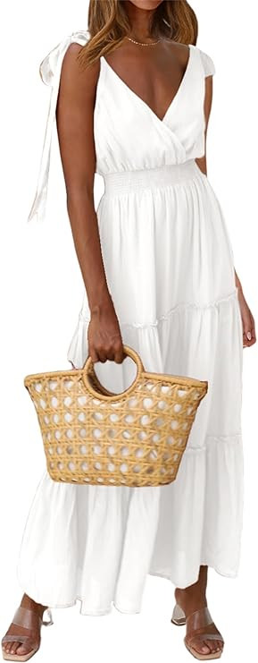 PRETTYGARDEN Women's Cross Neck Spring Sleeveless Tiered Maxi Dress Beach Tie Strap Smocked Long ... | Amazon (US)