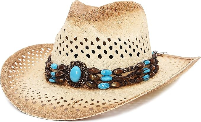 La Vogue Straw Cowboy Hat Bend Brim Fedora Hat Faux Turquoise Belt | Amazon (US)