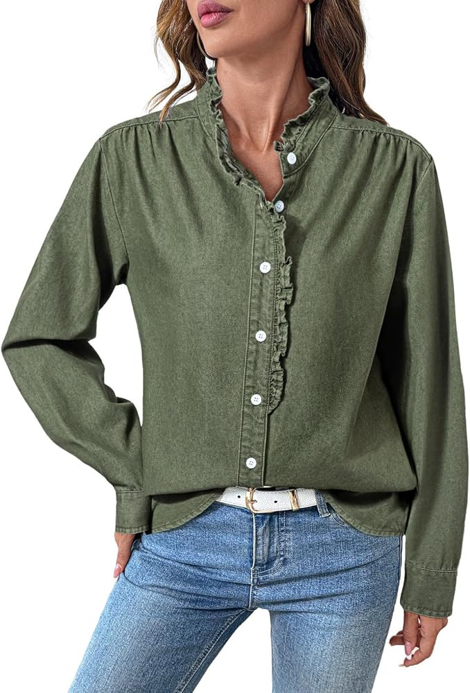 Sidefeel Womens Button Ruffled Edge Denim Shirt, Green, Large | Amazon (US)