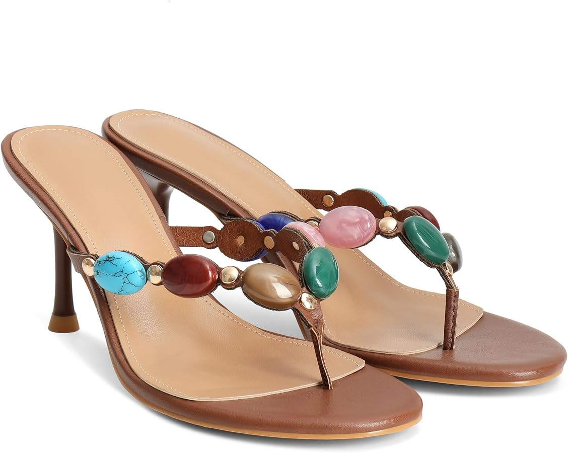 Jeweled Flip Flop Kitten Heels for Women Open Toe Beaded Strappy High Heels Sandals Slip On Thong... | Amazon (US)