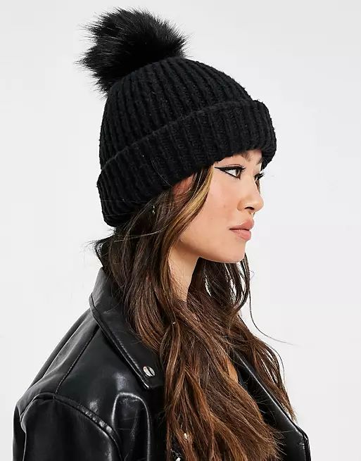 Topshop recycled knit faux-fur pom pom beanie in black | ASOS (Global)